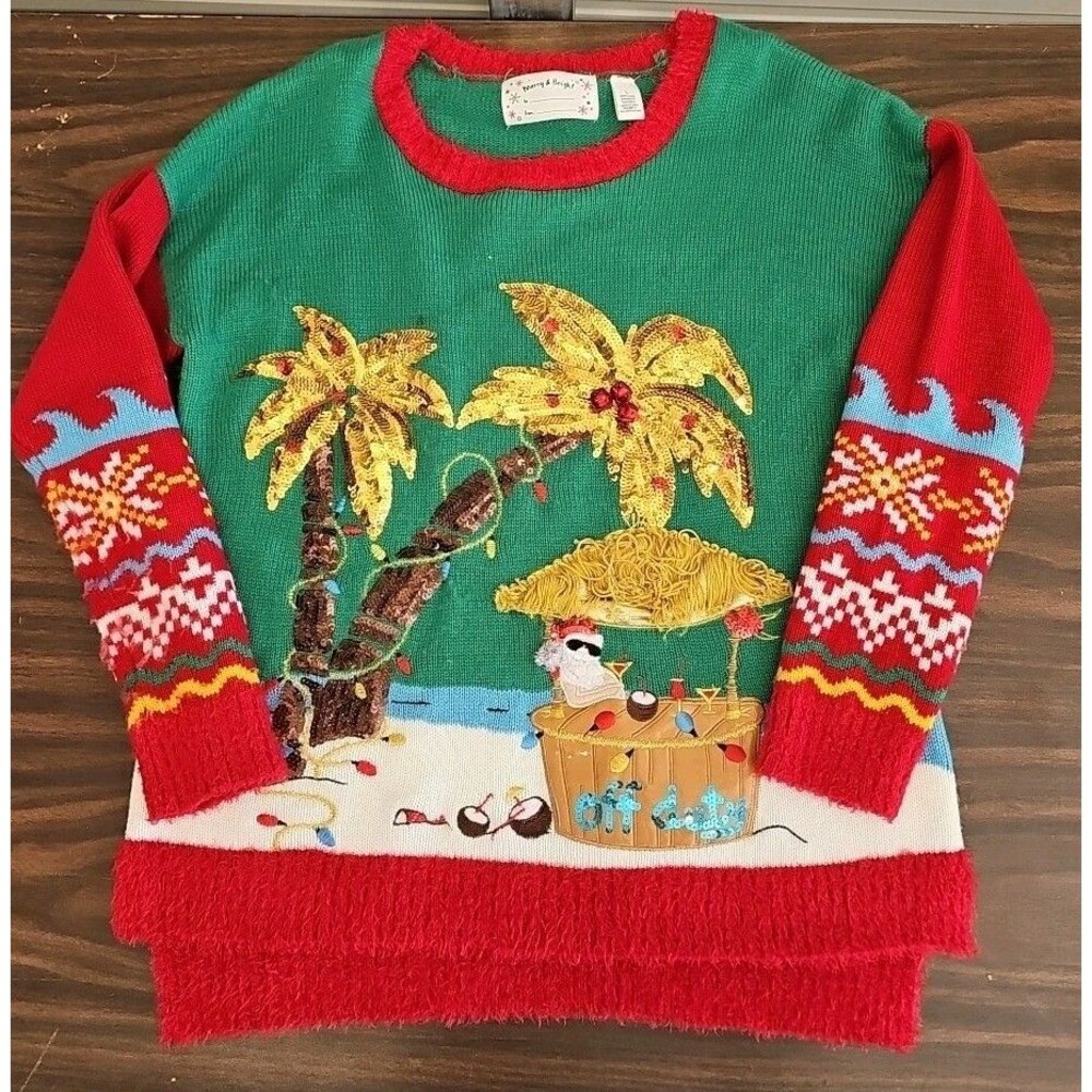 Merry And Bright Christmas Sweater Size L “Santa Off Duty” W/ Bells 100% Acryl